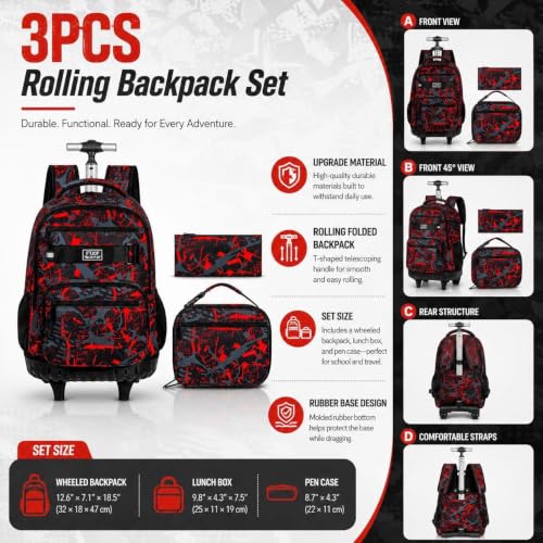 3Pcs Rolling Backpack for Boys, 19 Inche Adults Roller Bag with Wheels, Graffiti Wheeled Bookbag Set for Men(Red) - color: Graffiti Red