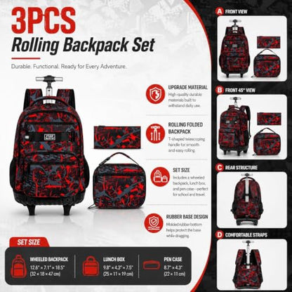 3Pcs Rolling Backpack for Boys, 19 Inche Adults Roller Bag with Wheels, Graffiti Wheeled Bookbag Set for Men(Red) - color: Graffiti Red