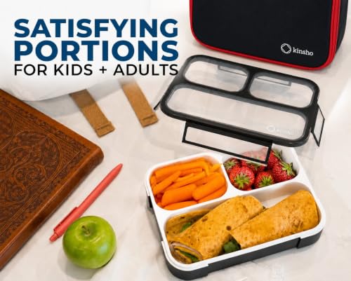 kinsho Lunch Boxes for Kids Boys Teens - Bento Box Set with Insulated Bag and Ice Pack, 3 Compartment Leak Proof Food Container, BPA-Free, Microwave Safe, Ideal for School & Work, Black & Red - color: Black with Red Trim
