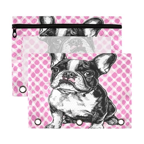Kcldeci Pencil Pouch for 3 Ring Binder, Dog Breed French Bulldog 2 Pack Binder Pencil Pouch with Clear Window Pencil Bags with Zipper Pencil Case for Binder - color: C09