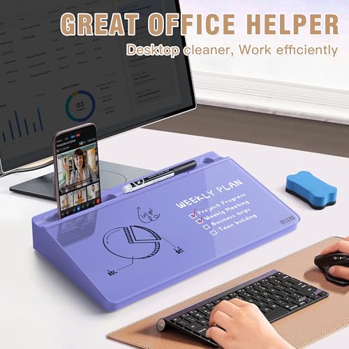 SELEAD Desktop Glass Whiteboard with Storage, Small Dry Erase White Board Computer Pad Keyboard Stand for Home, School, Office Desk Accessories - Purple - color: Purple