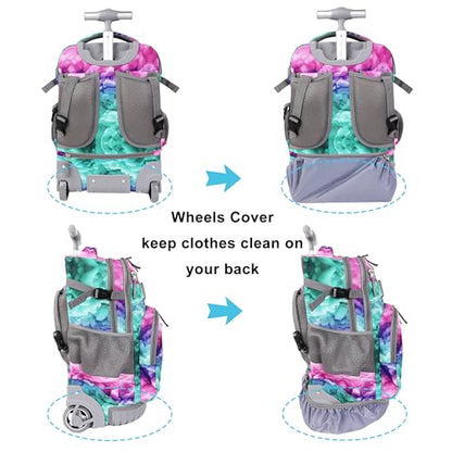 Tilami Rolling Backpack, 18 inch Shoulder Drop, Concealed Pockets and Wheel Cover, Laptop Backpack for Boys and Girls, Clouds Green - color: Clouds Green
