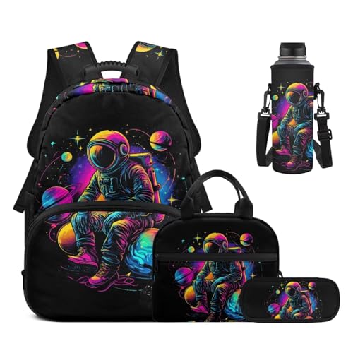 17 Inch Kid's 4PCS Backpack Set, Back to School Essentials | Insulated lunch box, water bottle pouch, pencil case, lightweight, padded shoulder straps, for elementary, middle school - color: Space Astronaut