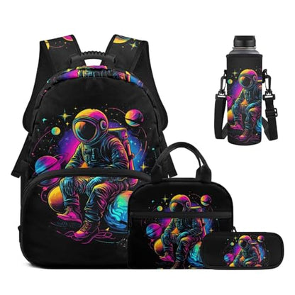 17 Inch Kid's 4PCS Backpack Set, Back to School Essentials | Insulated lunch box, water bottle pouch, pencil case, lightweight, padded shoulder straps, for elementary, middle school - color: Space Astronaut