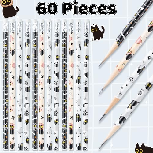 Xqumoi Black Cat Pencils with Eraser - Cute Black Cat #2 HB Pencils, Classroom Student Rewards Back to School Office Supply Kawaii Animal Goodie Bag Fillers Stuffers Halloween Party Favors - style: Black Cat