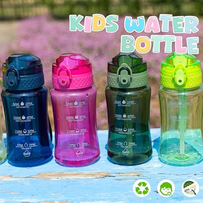 OLDLEY 12oz Kids Water Bottle, Tritan BPA-Free, Leakproof Flip Straw Lid, Motivational Time Marker, Carry Strap, Reusable Clear Water Bottle for Boys & Girls,Eggplant - color: Eggplant, style: 12 Ounces