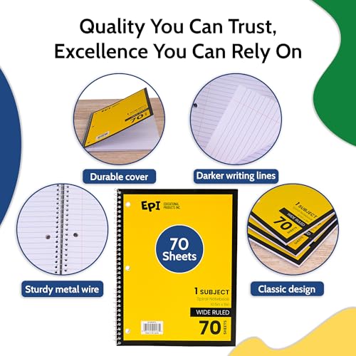 EPI Spiral Notebook | Wide - 70 Sheets, Durable Spiral Binding | 10.5 x 8 in | Classroom Supplies | School, Office, Note Taking, Journaling - 6 Pack - color: Yellow, size: 6