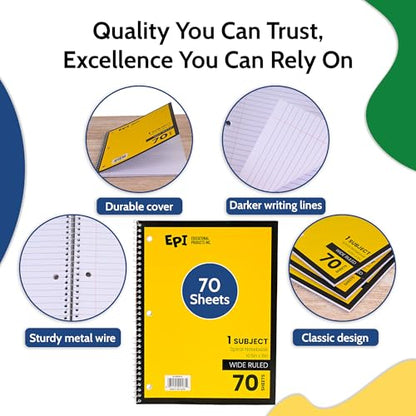 EPI Spiral Notebook | Wide - 70 Sheets, Durable Spiral Binding | 10.5 x 8 in | Classroom Supplies | School, Office, Note Taking, Journaling - 6 Pack - color: Yellow, size: 6