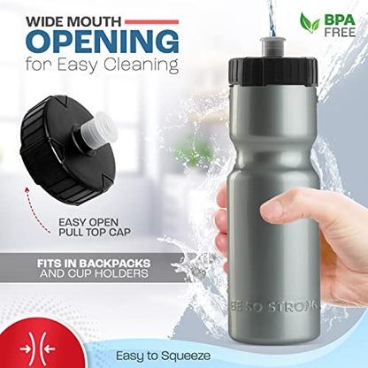 50 Strong Sports Water Bottles – Reusable 22 oz BPA-Free Plastic Bottles with Pull Top Cap – Made in USA – Top Rack Dishwasher Safe – Fits Most Bike Cages Brand - color: Silver, style: 2 Pack