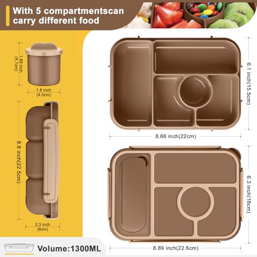 Amathley Bento Box Adult Lunch Box Kids,Lunch Containers for Adults/Kids/Toddler,5 Compartments Bento Lunch Box with Sauce Vontainers,Microwave & Dishwasher & Freezer Safe,BPA-Free (Brown) - color: Brown