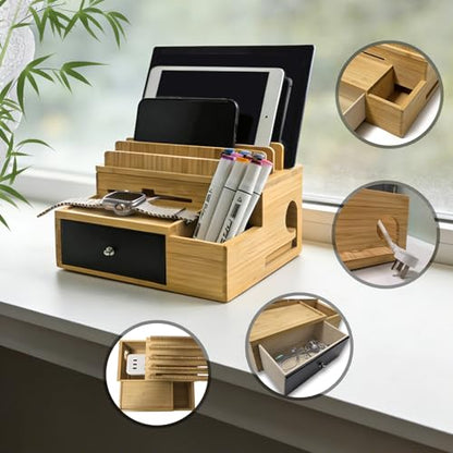 Bamboo Charging Station Organizer with 5-Cables, No USB Charger | for Multi-Devices, with Drawer and Pen Holder, Nightstand Desk Charging Stations Organizer for Cell Phone, Tablet, Etc