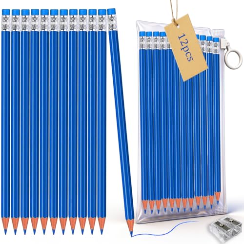 Adhere Blue Colored pencils 12pcs Checking Pencils Erasable Pencils Pre-Sharpened #2 HB,for Checking Tests Grading,Map Coloring,editing Office Favors,including a Free sharpener - color: Blue