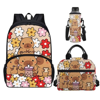 Horeset Capybaras Hippie Daisy Backpack Set for Girls Kids 17inch Bookbags with Water Bottle Cover Picnic Insulated Lunch Tote Bag Set of 3 Large Capacity Elementary Middle School Bags Rucksack - color: Capybaras Hippie Daisy