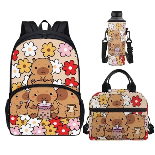 Horeset Capybaras Hippie Daisy Backpack Set for Girls Kids 17inch Bookbags with Water Bottle Cover Picnic Insulated Lunch Tote Bag Set of 3 Large Capacity Elementary Middle School Bags Rucksack - color: Capybaras Hippie Daisy