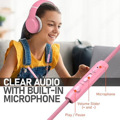 FosPower Kids Headphones with 3.5mm Laced Cables, Children & Teens Over The Ear Foldable Adjustable Headset w/Built-in Mic for Smartphones/PC/Tablet/Laptop/School (Max Volume 85dB) – Pink/White - color: 08 - Pink/White