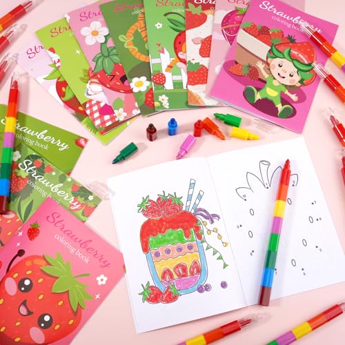 BenLouis 24 Strawberry Mini Coloring Books Kids with 24 Stacking Crayons Berry Party Favors Activity Books Bulk for Kids Girl Fruit First Goodie Bag Gift Stuffer Classroom Reward - style: Strawberry