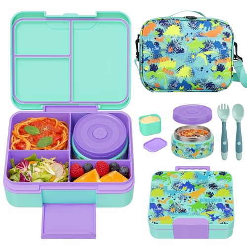 Kids Bento Lunch Box Set with 9.5oz Soup Thermo, Leak-Proof Lunch Food Containers with 3 Compartment and Removable Inner Tray, Insulated Hot Food Jar with Lunch Bag for School, Office, Dinosaur Green - color: Dinosaur Green