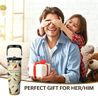 Bird Tumbler Cup with Handle 30 oz with Lid and Straw, Leak-proof Insulated Stainless Steel Coffee Tumbler with Bird Illustration Pattern and Species Names, Gift for Birds Watcher Nature Lover - color: Bird, size: 30 Ounces