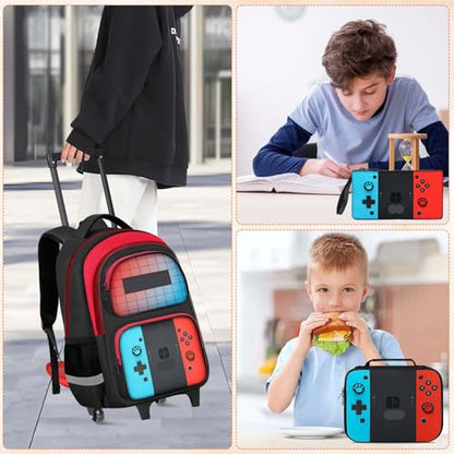 TILYTADLY Gamer Rolling Backpack for Boys - 3PCS Boys Rolling Backpack With Lunch Box and Pencil Case for Kids Children Teens Elementary Middle School,HFHTDC Roller Bookbag With Wheels for Aged 6-18 - color: red-blue-Backpack set