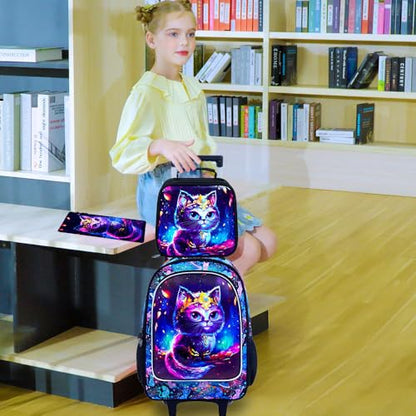 CCJPX 3PCS Rolling Backpack for Girls, Kids Cat Roller Wheels School Bookbag with Lunch Bag, Wheeled School Bag for Toddler Elementary Children - color: Black Cat