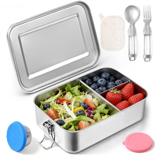 Qtencas Stainless Steel Lunch Box for Kids, 28oz / 0.85L Bento Box for Kids | Stainless Steel Lunch Bento Box with Leakproof Condiment Containers, Natural Loofah Dishwashing Sponge and Foldable Sporks - size: 28oz