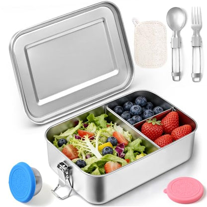 Qtencas Stainless Steel Lunch Box for Kids, 28oz / 0.85L Bento Box for Kids | Stainless Steel Lunch Bento Box with Leakproof Condiment Containers, Natural Loofah Dishwashing Sponge and Foldable Sporks - size: 28oz