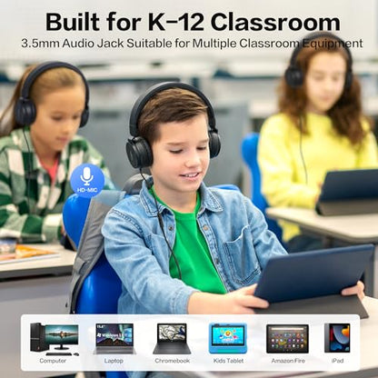 Classroom Headphones Bulk 10 Pack - Kids Headphones with Mic for School | 93dB Volume Limited On-Ear Wired Headset with Microphone, Durable 3.5mm Jack for Class Set Library Computer (Black) - color: Black