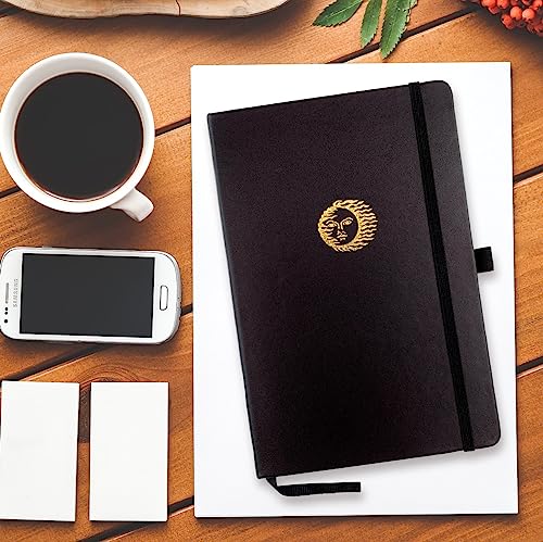 RICCO BELLO Lined Journal Notebook, Sun, 5.7 x 8.4-Inches | Faux Leather Hardcover, College Ruled, 96 Sheets / 192 Pages, Pen Holder, For Work & Notes - color: Black Sun