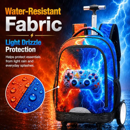 AGSDON Quiet Rolling Backpack with Lunch Box Set – Large‑Wheel Water‑Resistant Wheeled Bag for School, Outings, and Travel | Fire-Lightning Gaming 3‑Piece Organizer Backpack - color: Big Wheel Rolling Backpack Fire-lightning Gaming