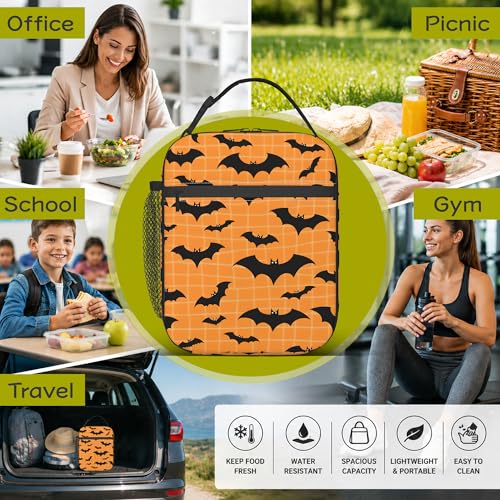 Halloween Bat Kids Lunch Bag Insulated Lunch Box Cooler Freezable Meal Prep Bag with Shoulder Strap Waterproof Lunch Container for Boys Girls School Office Picnic - color: Halloween Bat