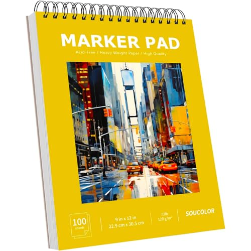 Soucolor Marker Paper Sketchbook,Bleedproof Maker Paper 9"x12" | Professional Bleedproof Marker Pad for Alcohol Markers 100 Sheets 73lb/120gsm Thick No-Penetration Drawing Paper - color: Cute Yellow, size: 9" x 12" (Pack of 1)