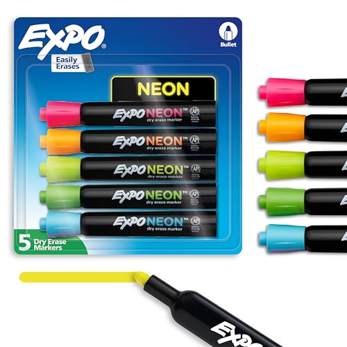 EXPO Neon Dry Erase Markers, Assorted, Bullet Tip, 5 Count - Fun, Vibrant Colors for Whiteboard, Glass, Acrylic, Home Organization - size: 5 Count (Pack of 1)