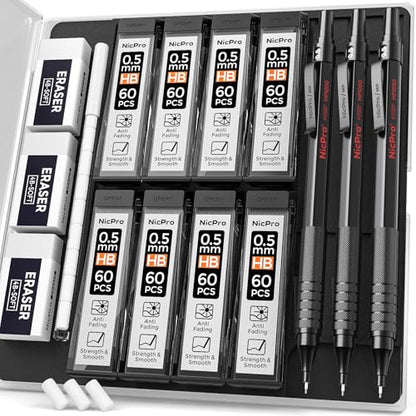 Nicpro 0.5 mm Mechanical Pencils Set with Case, 3 Metal Artist Pencil With 480PCS HB Lead Refills, 3 Erasers,9 Eraser Refills For Architect Art Writing Drafting, Drawing, Engineering, Sketching, Black - color: Black, style: 0.5 MM