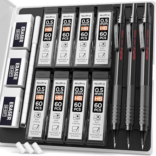 Nicpro 0.5 mm Mechanical Pencils Set with Case, 3 Metal Artist Pencil With 480PCS HB Lead Refills, 3 Erasers,9 Eraser Refills For Architect Art Writing Drafting, Drawing, Engineering, Sketching, Black - color: Black, style: 0.5 MM