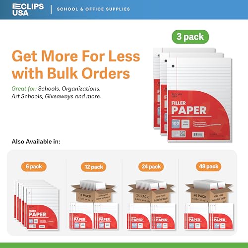 Wide Ruled Loose Leaf Paper Wide Ruled Notebook Paper Lined Writing Filler Paper 10.5” x 8” 56 gsm 300 Sheets 100 Sheet Per Pack (3 Pack) - size: 3 Pack