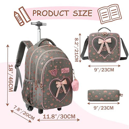 Rolling Backpack for Girls School Backpack with Wheels for Girls Cute Kawaii Travel Roller Wheeled Bookbag Backpacks for Girls with Lunchbox, Brown 01, NO2003 - color: Brown 01