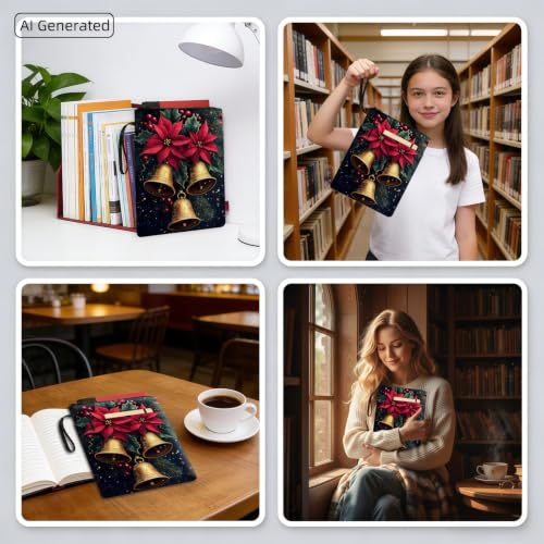 Padded Book Sleeve with Zipper & Front Pocket, Fabric Book Cover | Christmas Gold Bells Holly11.4"x8.7" Washable Canvas Pouch for Hardcovers, Tablets & Reading Accessories - color: Christmas Gold Bells Holly