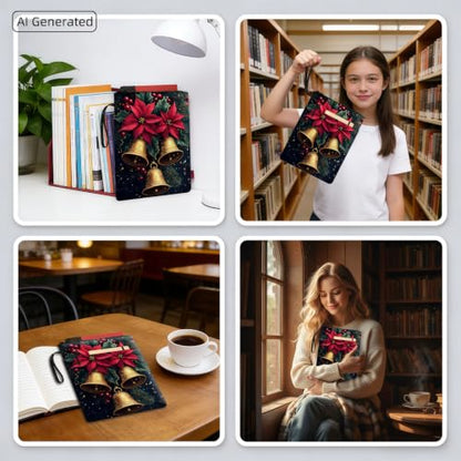 Padded Book Sleeve with Zipper & Front Pocket, Fabric Book Cover | Christmas Gold Bells Holly11.4"x8.7" Washable Canvas Pouch for Hardcovers, Tablets & Reading Accessories - color: Christmas Gold Bells Holly