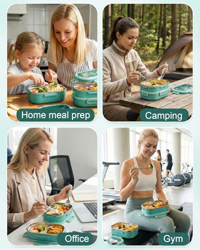 Lille Home Stackable Lunch Box, 2 Tier Stainless Steel Bento Lunch Box, 56oz Large Capacity Leakproof Lunch Containers, 4-Compartment Lunch Box with Utensils for Meal Prep, Work, Picnic(Green) - color: 2 Tier-Green