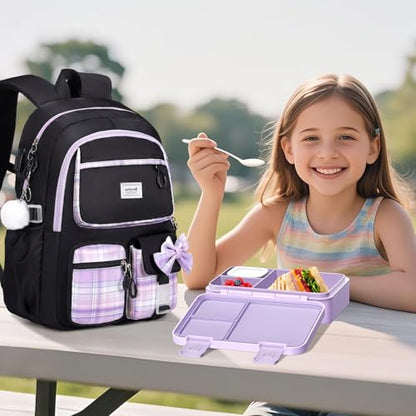 Bevalsa Backpack for Girls, Bow Bookpack with Bento Lunch Box, Insulated Bag & Utensils, 34oz Lunch Containers School Bags Set for Children Teens Kids Elementary Middle school Student (Black Purple) - color: Black Purple