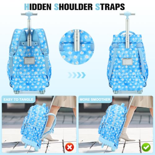 ACESAK Rolling Backpack for Girls - Roller Wheels School bag with Lunch Bag & Pencil Pouch for Teen Girls Kids Wheeled Suitcase Backpacks, Elementary Middle School Travel Daypack (Blue Daisy) - color: Blue Daisy