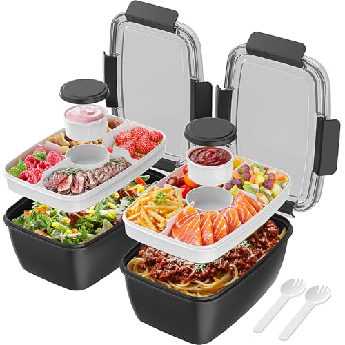 Cherrysea 2Pack Salad Lunch Container, 68oz Salad Bowls with 4 Compartments Tray,Leak Proof Lunch Box with Fork for Men,Women BPA-Free Snack Container with Sauce Container for Dressings - Black - color: 2Pack Black, size: 68oz