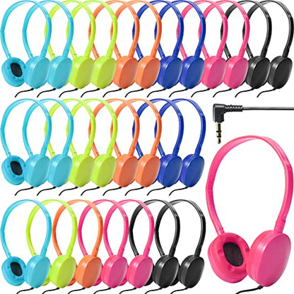 Flutesan 30 Pack Wired Headphones, Adjustable On Ear Headphones with Stereo, Earbuds for Schools, Laptop, Travel, Plane, Tablet(Mixed Colors) - color: Mixed Colors