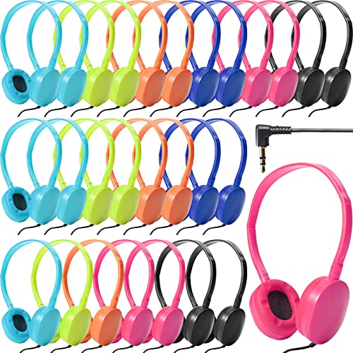 Flutesan 30 Pack Wired Headphones, Adjustable On Ear Headphones with Stereo, Earbuds for Schools, Laptop, Travel, Plane, Tablet(Mixed Colors) - color: Mixed Colors