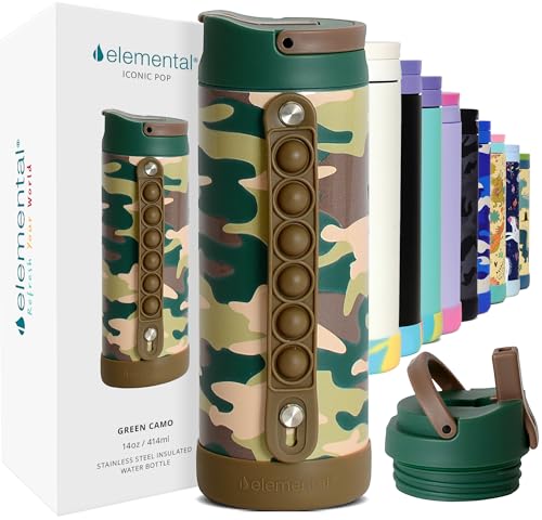 Elemental Iconic Kids Water Bottle for School - 100% Leak-Proof Insulated Water Bottles with Straw Lid & Pop-It Handle for Boys & Girls - Triple-Wall Insulated & BPA-Free, 14oz – Green Camo - color: Green Camo, size: 14 Ounces