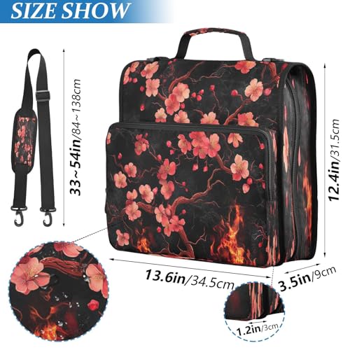 School Zipper Binder Cherry Floral Black Decor Trapper Keeper 3 Ring Binder Bag Multiple Pockets & Storage Organizer, 500 Sheet Capacity with Shoulder Strap