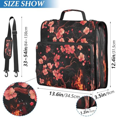 School Zipper Binder Cherry Floral Black Decor Trapper Keeper 3 Ring Binder Bag Multiple Pockets & Storage Organizer, 500 Sheet Capacity with Shoulder Strap