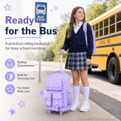 WZLVO 3PCS Rolling Bookbag, Water Resistance Girls Wheeled Backpack, Women Aesthetic Roller School Bag Set with Lunch Box & Pencil Bag for Teens & Kids - Purple Star - color: 3pcs Girls Rolling Backpack - Purple Star