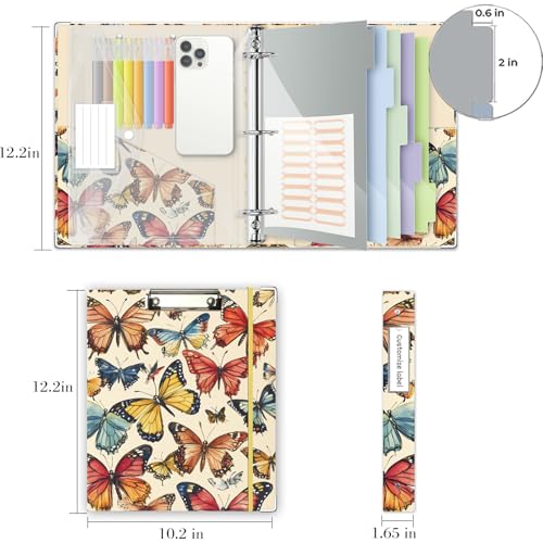 3 Ring 1 Inch Binder Organizer, KLLVE Three Ring Binders with Clipboard, 5-Tabs Pockets Dividers, Plastic Folder, 18 Divider Stikers,Pen Loop (Butterfly, Letter Size) - color: Butterfly, size: 1in（Letter Size）