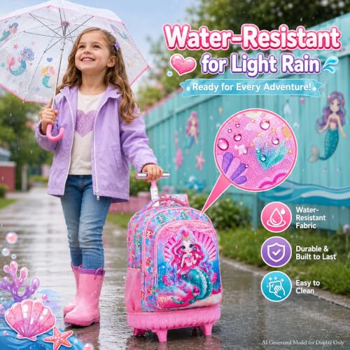3PCS Kids Rolling Backpack, Boys Girls Roller Wheels Bookbag, Wheeled School Bag with Lunch Bag